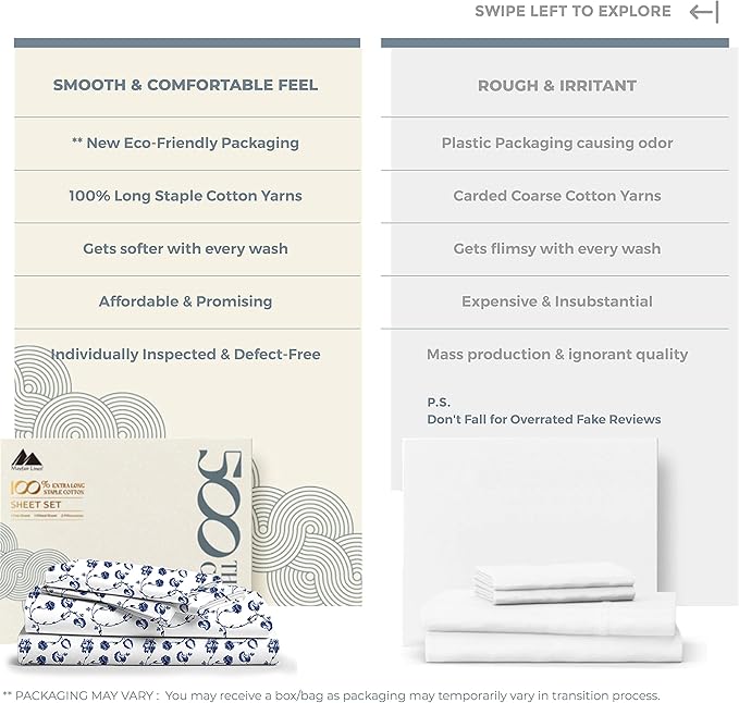 Mayfair Linen 100% Cotton Printed Bed Sheets Twin Size Set - 500 Thread Count Cotton Twin XL Sheets for Dorm Room, 3 PC Set (Floral Blue Print), Soft, Cooling, Sateen Weave 16" Deep Pocket Bedsheet
