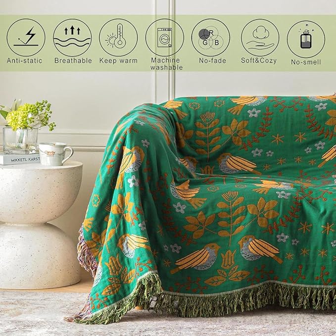 MSGKV Cotton Bed Blanket for Couch and Sofa Blankets for Living Room Bedroom Floral and Birds Throw 80"x90" Breathable Cozy Boho Blankets