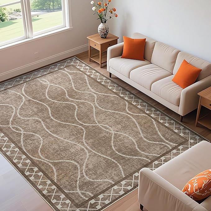 5x7 Area Rugs for Living Room, Machine Washable Rugs, Non-Slip Backing Low Pile Indoor Floor Rugs, Large Modern Carpet for Bedroom Entryway Classroom Playroom Dining Room Home Decor, Brown