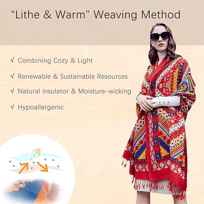 DANA XU 100% Merino Wool Pashmina Shawl for Women 96"x43", Oversized Cashmere Wrap with Tassels, Floral Travel Blanket Cape