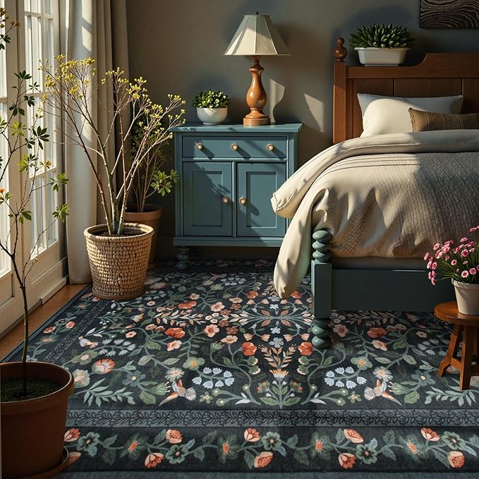 Lahome 9x12 Rugs for Living Room, Non-Slip Stain Resistant Dining Room Rug Washable Untra-Thin Soft Large Carpet, Vintage Botanical Print Low-Pile Carpet for Bedroom Office, Black