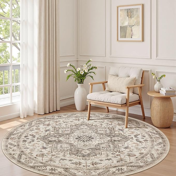 6ft Round Vintage Living Room Area Rug - 6x6 Large Soft Washable Oriental Traditional Distressed Farmhouse Rugs for Bedroom - Indoor Floor Accent Carpet for Home Office House Decor - Light Brown