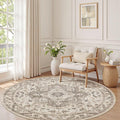6ft Round Vintage Living Room Area Rug - 6x6 Large Soft Washable Oriental Traditional Distressed Farmhouse Rugs for Bedroom - Indoor Floor Accent Carpet for Home Office House Decor - Light Brown