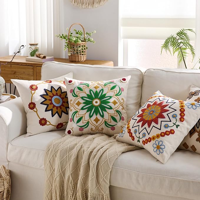 Embroidered Throw Pillow Cover 20x20 Classic Boho Floral Pattern Pillows Cover Outdoor Decorative Pillowcase,Durable Cozy Textured Cushion Case for Sofa Couch Bed Living Room,Green Yellow