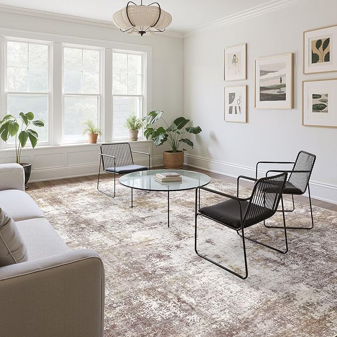 Washable 7x9 Area Rug: Modern Abstract Soft Non-Slip Indoor Rugs Home Decor - Low Pile Stain Resistant Foldable Carpet for Living Room Bedroom Dining Room Playroom(Golden Brown,7'x9')