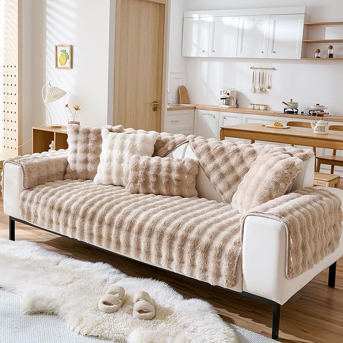 Faux Fur Couch Cover Fuzzy Soft Plush Thick Bubble Sofa Cover Luxury Sectional Couch Covers Luxury Anti-Slip Sofa Slipcover Washable Furniture Protector (Khaki,28"x82")