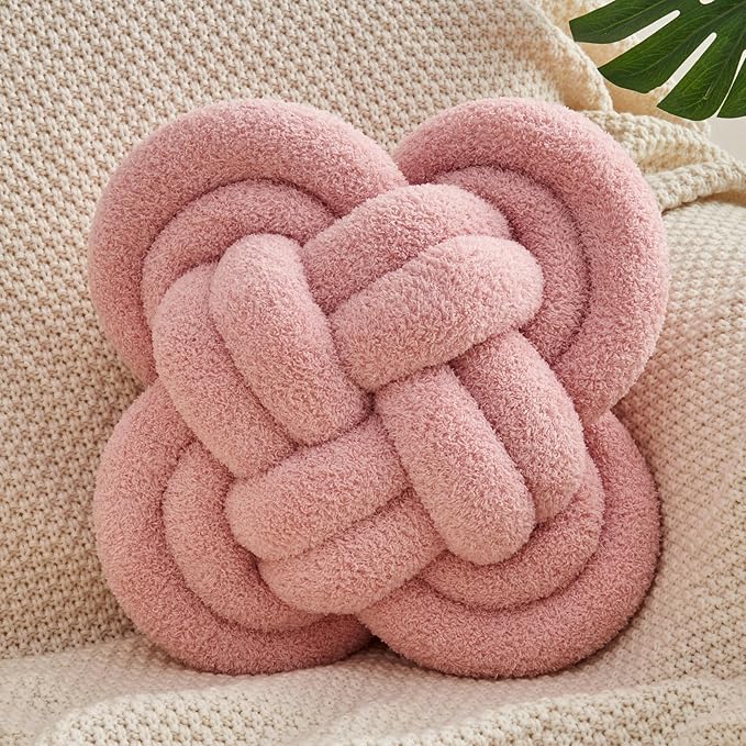 Xiashrk Knot Pillow Ball, 12" Soft Decorative Throw Pillows for Couch Bed, Gray Pink Knotted Plush Throw Pillow Handmade Square Cushion Home Couch Decor Pillows for Living Room