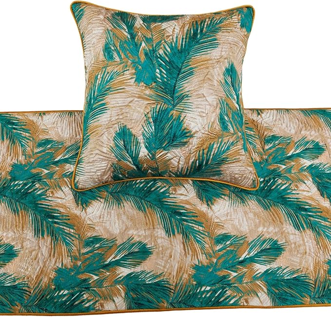 The HomeCentric King/Queen/Twin Green Decorative Full 68"x18" Bed Runner with Pillow Cover, Plam Leaves & Quilted Bed Scarf on Satin Fabric - Palms