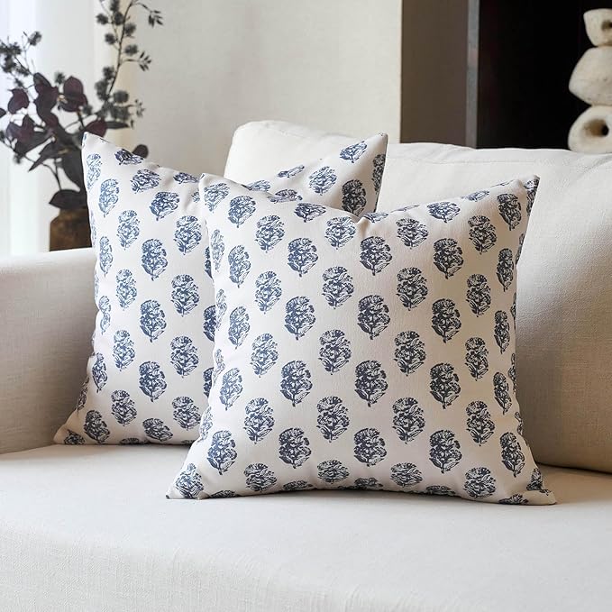 DOMVITUS Set of 2 Floral Pillow Covers 18x18, Block Print Pillow Covers Vintage Neutral Decorative Farmhouse Throw Pillow Covers for Couch Bed Living Room Dusty Blue