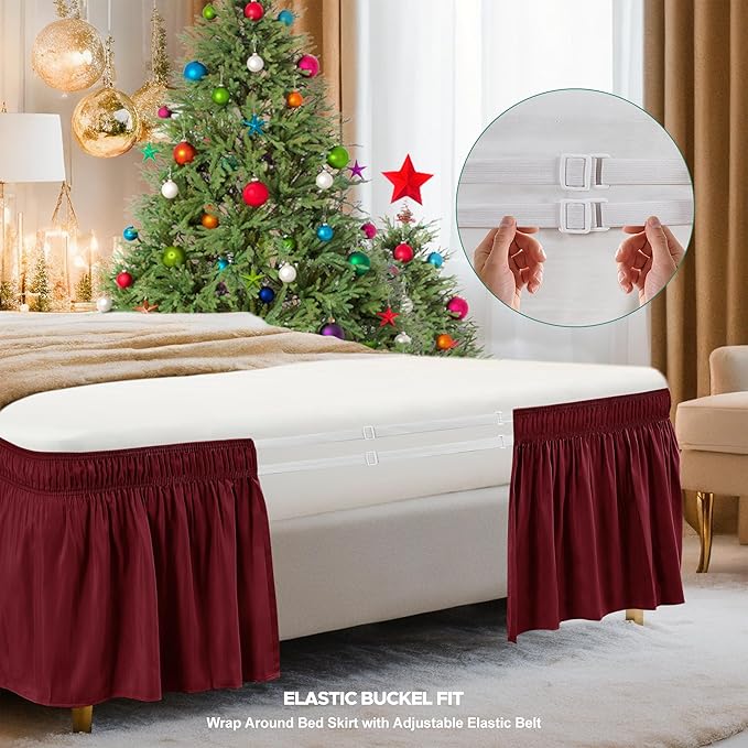 Biscaynebay Wrap Around Bed Skirts for King & Cal King Beds 19" Drop, Burgundy Adjustable Elastic Dust Ruffles Easy Fit Wrinkle & Fade Resistant Silky Luxurious Fabric Solid Machine Washable
