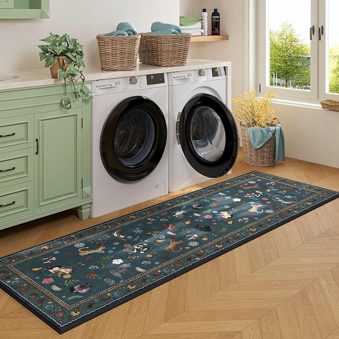 Rugcomf Runner Rug for Kitchen Non Slip 2'x6' Washable Rugs with Rubber Backing Soft Floral Animal Cat Carpet Runner for Kitchen Laundry Bedroom Bathroom, Pearl Gentian Blue