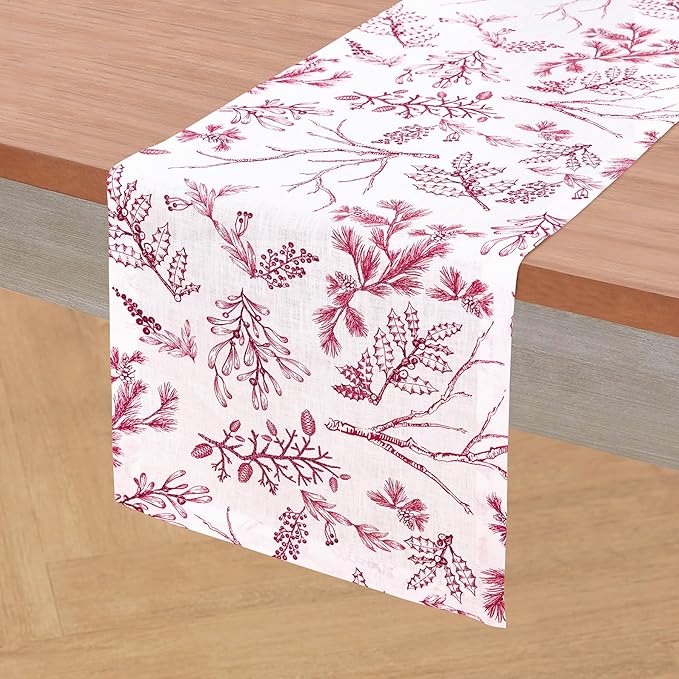 Solino Home 100% Pure Linen Christmas Table Runner 132 Inches Long - Red/White Table Runner 14 x 132 Inch - Handcrafted and Machine Washable - Winter Forest Print