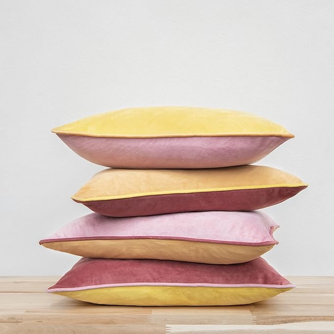 MONDAY MOOSE Decorative Throw Pillow Covers Cushion Cases, Set of 4 Soft Velvet Modern Double-Sided Designs, Mix and Match for Home Decor, Pillow Inserts Not Included (18x18 inch, Yellow/Pink)