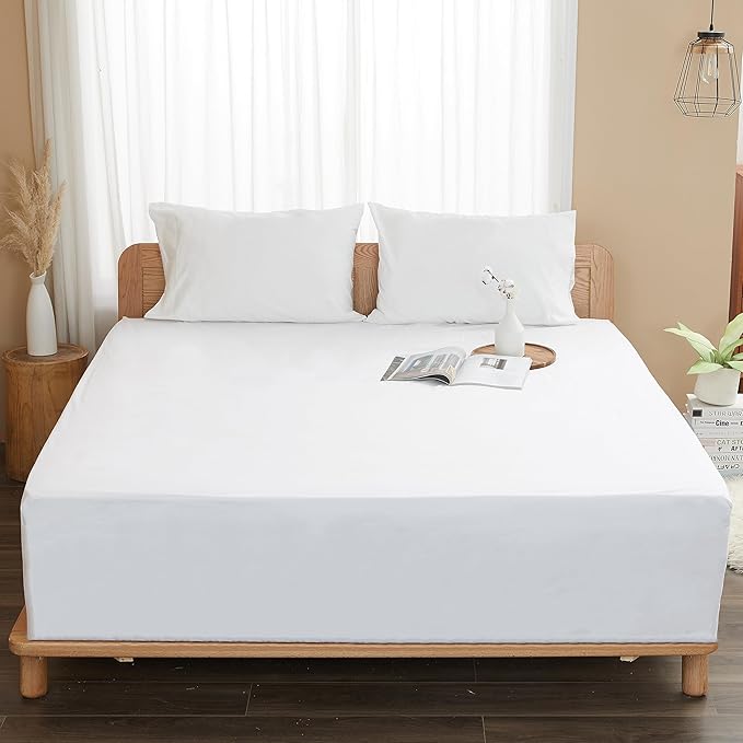 Sunflower King Fitted Sheet, 1-Piece Deep Pocket Fitted Bottom Sheet 16", 100% Cotton Sateen Soft Breathable, White