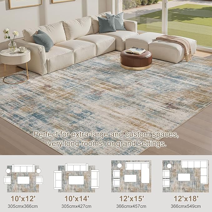 Area Rug for Living Room: 12x15 Washable Neutral Abstract Modern Soft Rugs Non Slip Indoor Floor Stain Resistant Large Carpet for Bedroom Dining Room Office Nursery - Blue Brown