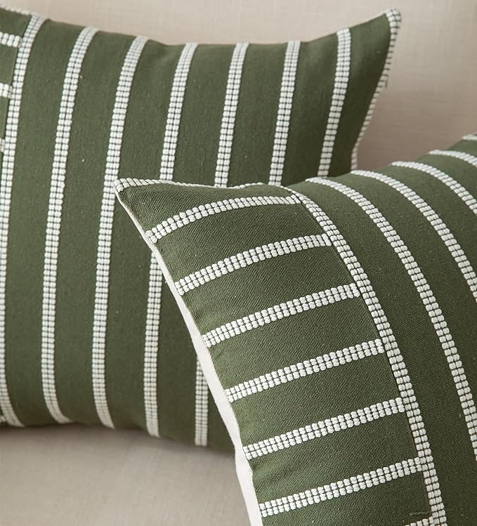 Caflife Boho Throw Pillow Covers 20x20 Set of 2 Soft Farmhouse Decorative Couch Pillow Cases Green Striped Pillow Covers Neutral Cushion Covers for Sofa Bed Living Room Home Decor