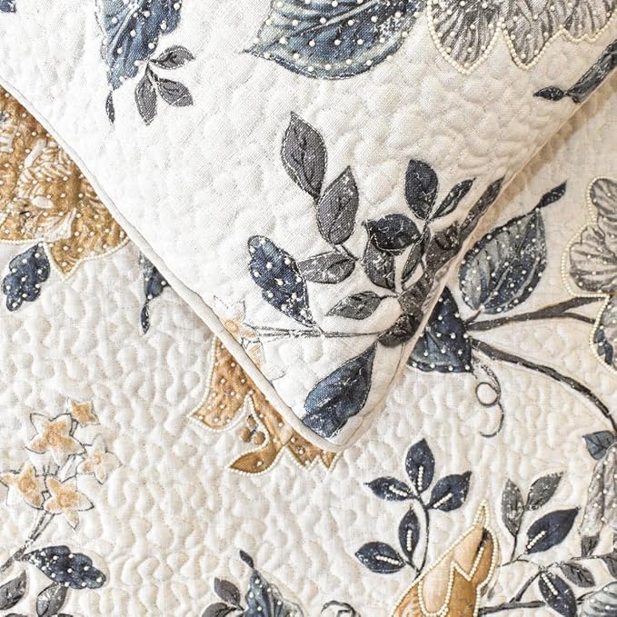 The HomeCentric King/Queen/Twin Blue & Ivory Decorative Full 68"x18" Bed Runner with Pillow Cover, Bird, Pearl & Quilted Bed Scarf on Linen Fabric - Vintage Birdena