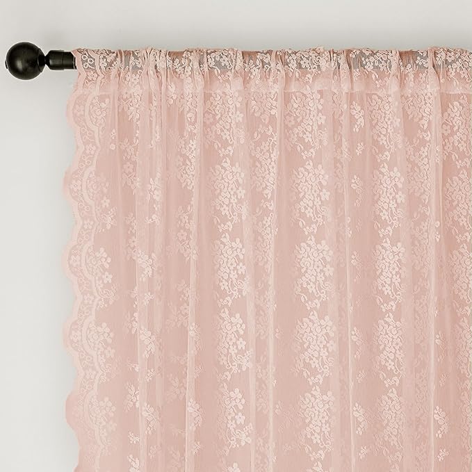Anmao Vintage Lace Curtains 54 Inches Long 2 Panels Set, Romantic Elegant Light Filtering Semi Sheer Floral Thick Lacy Curtain Drapes for Living Room and Bedroom, Each Panel 55W x 54L, Blush Pink