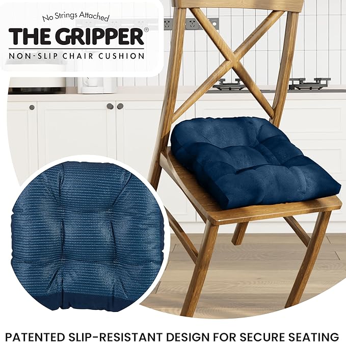 Klear Vu Gripper Overstuffed Universal Non-Slip Dining Chair Cushions for Kitchen Decor or Office Use, U-Shaped Skid-Proof Seat Pad, 17x17 Inches, 2 Count (Pack of 1), Linear Indigo Blue