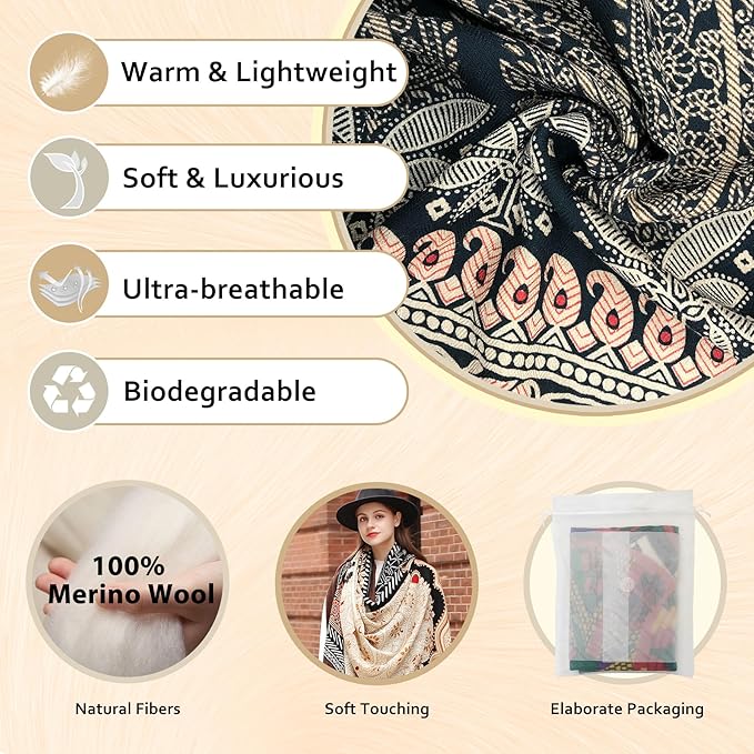 DANA XU 100% Merino Wool Pashmina Shawl for Women 96"x43", Oversized Cashmere Wrap with Tassels, Floral Travel Blanket Cape