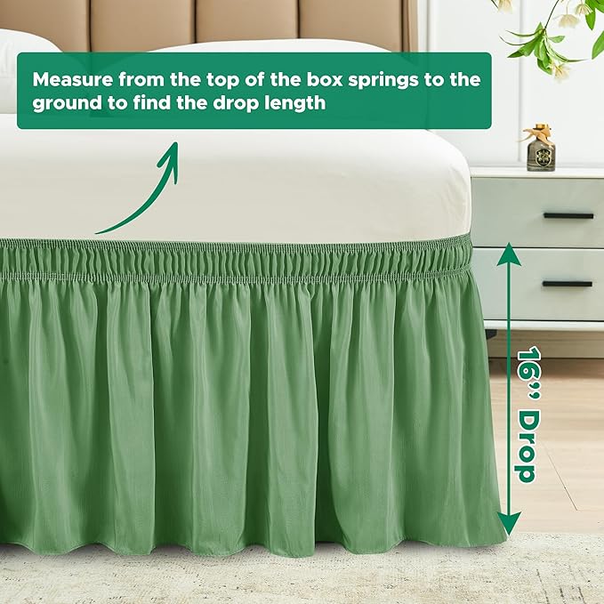 Biscaynebay Wrap Around Bed Skirts for Queen Beds 16" Drop, Sage Adjustable Elastic Dust Ruffles Easy Fit Wrinkle Resistant Silky Luxurious Fabric Machine Washable