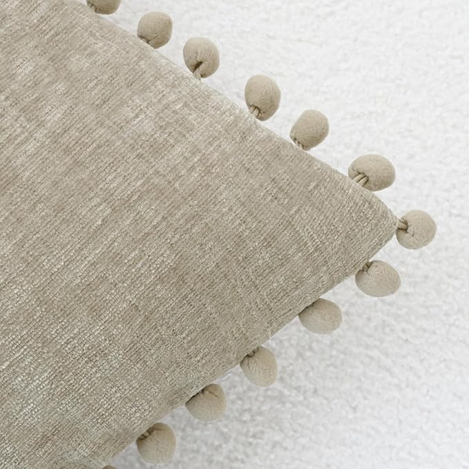 CaliTime Throw Pillow Covers Decorative 22 X 22 Inches Pack of 2 Cozy Solid Dyed Soft Chenille Cushion Cases with Pom Poms for Couch Sofa Bed Living Room Home Taupe