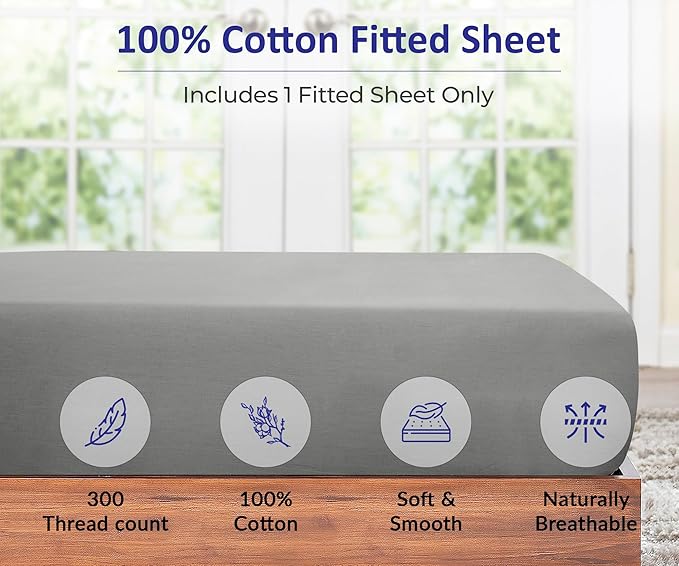 ROYALE LINENS 300 Thread Count 100% Long Staple Combed Cotton Fitted Sheet Twin XL - Super Soft Deep Pocket Bottom Sheet - Fitted Sheets Only - Elastic Sheets (Twin XL, Silver)