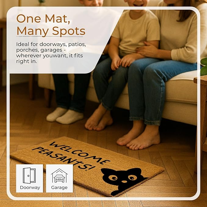 Coir Door Mats 17" X 30", Non-Slip Sturdy, PVC Backed Heavy Duty, Easy to Clean, Ideal for Door Entrance, Patio, Porch, Backyard, Garages, Sneaky Welcome Peasants