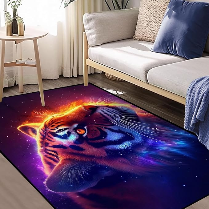 Galaxy Tiger Rug 3D Fierce Tigers Area Rugs for Bedroom Living Room Playroom Gameroom Boys Kids Fire Glitter Carpet Throw Rugs Floor Mat 47 in X 31 in