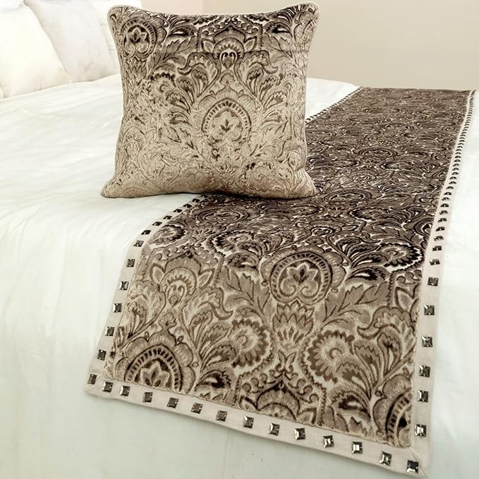 The HomeCentric King/Queen/Twin Beige Decorative Twin 53"x18" Bed Runner with Pillow Cover, Velvet Damask & Crystal Border Bed Scarf on Velvet Fabric - Henriretta