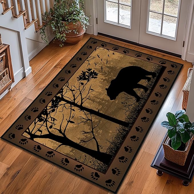 Rustic Area Rug 3x5,Bear Country Cabin Wildlife,Ultra-Thin Washable Throw Carpet Brown Rugs for Bedroom Indoor Vintage Rugs Non Slip Accent Floor Carpets for Bedside,Entryway,Living Room,Office