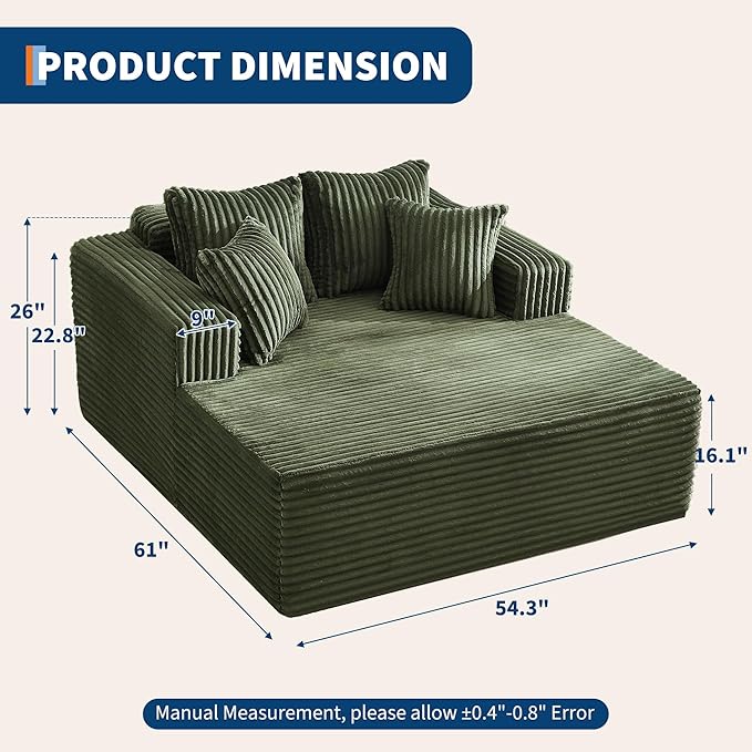 61" Oversized Chaise Lounge Chair Indoor, Boneless Couch Cloud Fluffy Chaise Lounges Corduroy Upholstered Sofa Bed w/Throw Pillows for Living Room Home Green