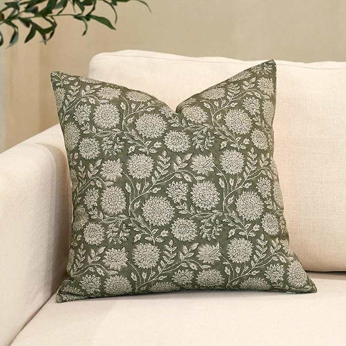 Amor Virisso Floral Pillow Covers 20x20 Throw Pillow Covers Vintage Block Print Pillow Cover Neutral Couch Pillows for Living Room Farmhouse Decorative Accent Sofa Pillows, Dusty Green