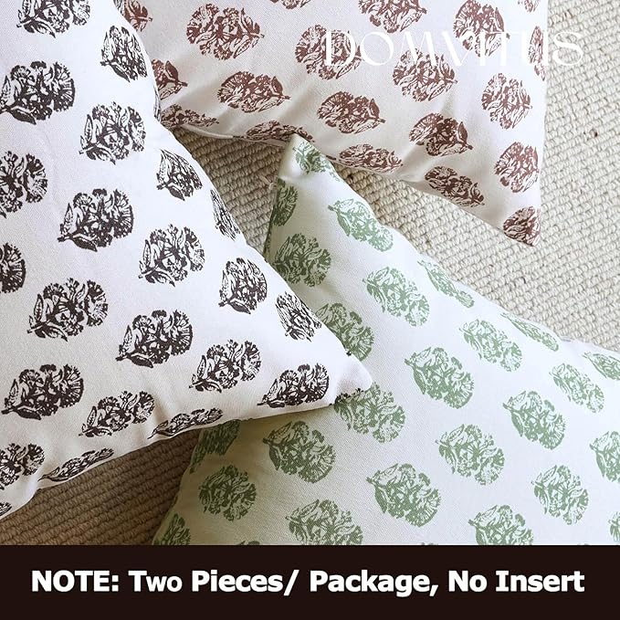 DOMVITUS Set of 2 Floral Pillow Covers 20x20, Block Print Pillow Covers Vintage Neutral Decorative Farmhouse Throw Pillow Covers for Couch Bed Living Room Sage Green