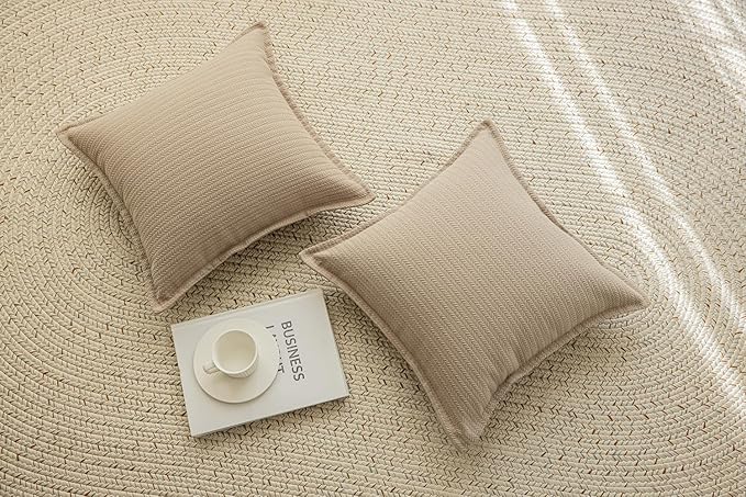 Set of 2 Herringbone Embossed Stripe Flange Throw Pillow Covers for Couch and Bed - 18"x18", Khaki-Green