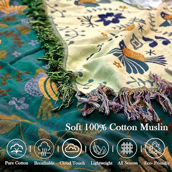 Yellow Boho Throw Blanket, 100% Cotton Blankets for Couch Bed, 60"x80"Cotton Quilt Travel Muslin Blankets Farmhouse Home Decor Soft Lightweight Picnic Blanket for Summer
