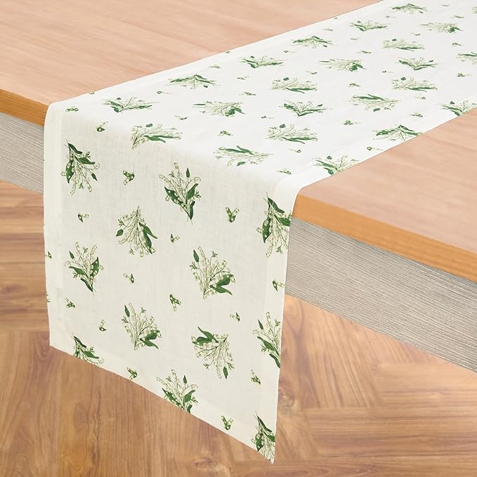Solino Home Lily Floral Print Table Runner 48 inch - 100% Pure Linen Table Runner 14 x 48 Inch - Machine Washable - Lily of The Valley/Off White Print