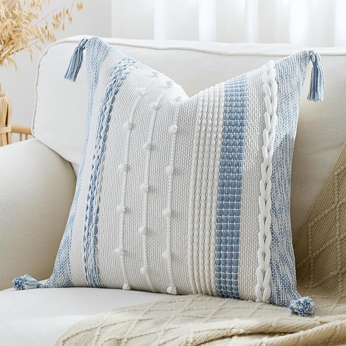 Boho Pillow Cover 18x18 Coastal Blue - Handmade Woven Textured Throw Pillow Case with Cordings & Tassels, Decorative Accent for Couch Sofa Farmhouse Living Room Home Decor
