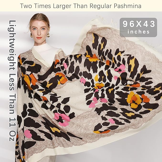 DANA XU 100% Merino Wool Pashmina Shawl for Women 96"x43", Oversized Cashmere Wrap with Tassels, Floral Travel Blanket Cape