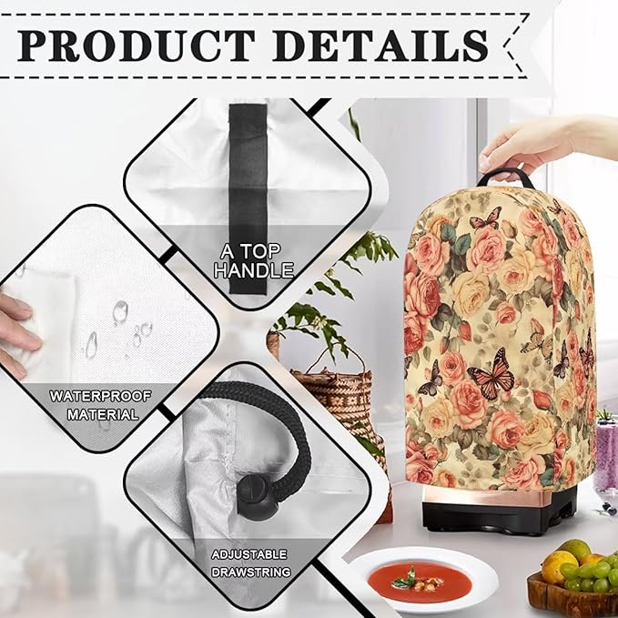 Retro Roses Butterflies Blender Cover Kitchen Coffee Maker Cover Dust Protection Romantic Home Decor for Blender Food Processor juicer Easy to Install Kitchen Appliance Cloth Cover