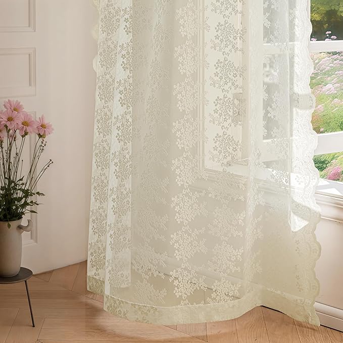 Anmao Vintage Lace Kitchen Curtains 36 Inches Long 2 Panels, Romantic Semi Sheer Floral Over Sink Lacy Cafe Curtain, Elegant Window Short Small Drapes, 55W x 36L, Ivory