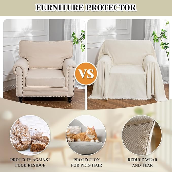 MEETSKY Oversized Chair Cover Washable Armchair Sofa Cover for Dog, Couch Protector for Sofa Single Cover, Small Couch Cover Sofa Throw Cover with Tassel, 71" x 91", Beige