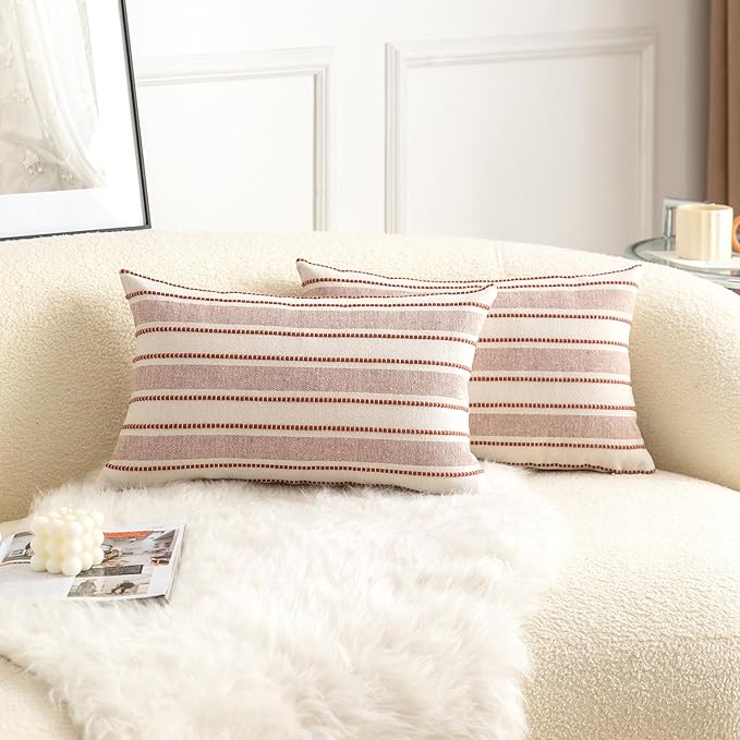 Decorative Boho Lumbar Throw Pillow Covers, Farmhouse Textured Pillow Case, 12 x 20 Inch Set of 2, Chair Sofa Bedroom Living Room Home Decor Couch Cushion Case, Rust and Beige Striped