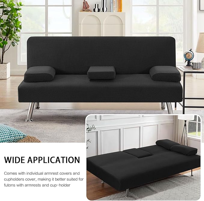 H.VERSAILTEX 4 Pieces Stretch Futon Covers Sofa Bed Slipcover with Removable Armrests and Cupholders Covers Furniture Protector High Spandex Small Checks Jacquard Fabric, Black