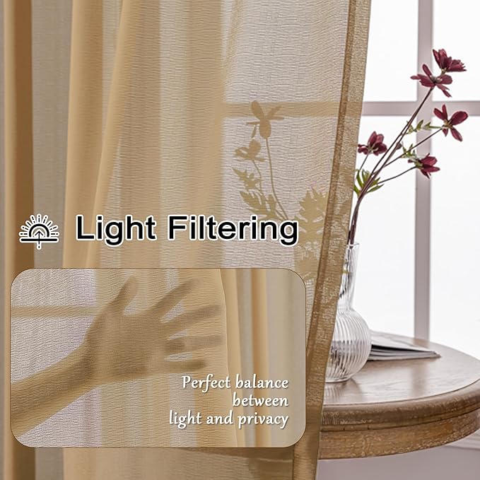 MAIHER Khaki Pinch Pleated Sheer Curtains 63 Inches Long Lightweight Light Filtering Curtain Panels Soft Touch Pleated Drapes with Adjustable Hooks for Bedroom, Khaki, 42" W x 63" L, 2 Panels