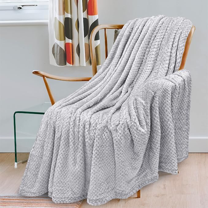 PAVILIA Light Gray Throw Blanket for Couch, Twin Bed, Soft Fleece Throws for Sofa Chair, Fuzzy Waffle Textured Blanket, Cozy Warm Lightweight All Season Blanket Throw, 60x80