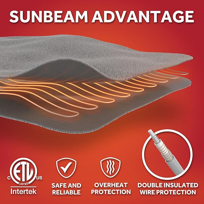 Sunbeam Royal Sherpa Foot Pocket Heated Throw Electric Blanket, 50" x 60", 4 Heat Settings, 4-Hour Auto Shut-Off, Warming Throw for Couch or Bed, Fast Heating, Machine Washable, Grey