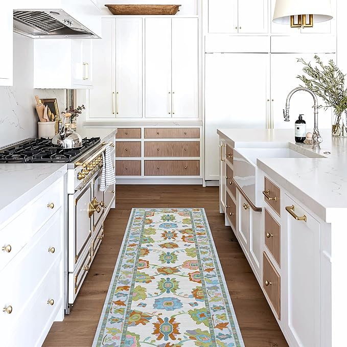 Fame Living Colorful Oushak Runner Rug, Modern Runners, Vintage, Turkish, Eclectic, Floral, Pastel, Washable, Long Runner Rugs for Hallway, Kitchen, Living Room, Bedroom, Kitchen, Bathroom, 2'5"x13'