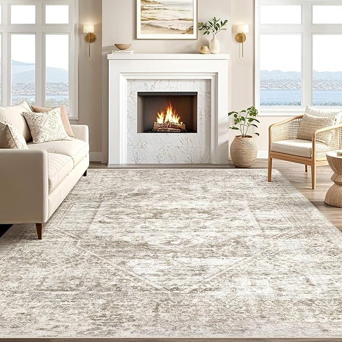 Vintage Living Room Area Rug 9x12 - Large Soft Washable Oriental Traditional Distressed Farmhouse Rugs for Bedroom - Indoor Floor Accent Carpet for Home Office House Decor - Distressed Light Brown