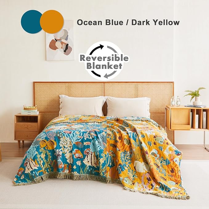 MSGKV Throw Blanket for Couch Cotton Cute Ocean Animals Blanket 50"x60" Sofa Chair Blankets Muslin Breathable All Seasons Lightweight Farmhouse Home Decor